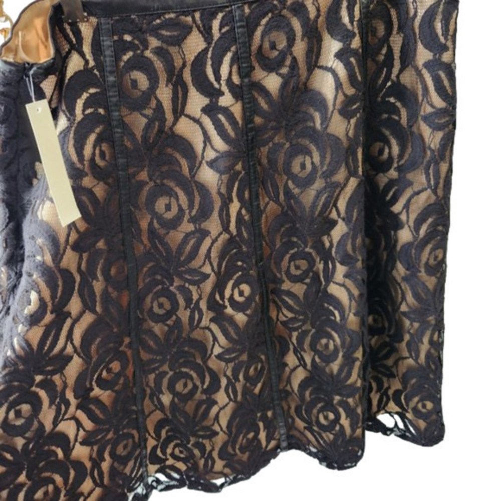 P150. Gorgeous Black Lace over Gold Satin with Black Faux Leather Trim Skirt |14